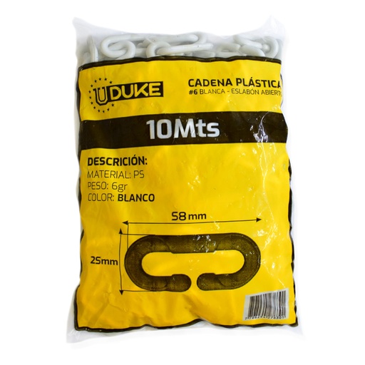 [14457] CADENA PLASTICA # 6 BLANCA ESLABON ABIERTO X 10 MTS UDUKE